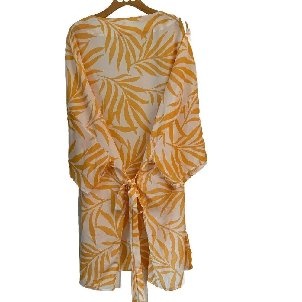 Maison Du‎ Soir Magnolia Palm XL/2XL Open Front Tie Sash Kimono Robe Cover Up